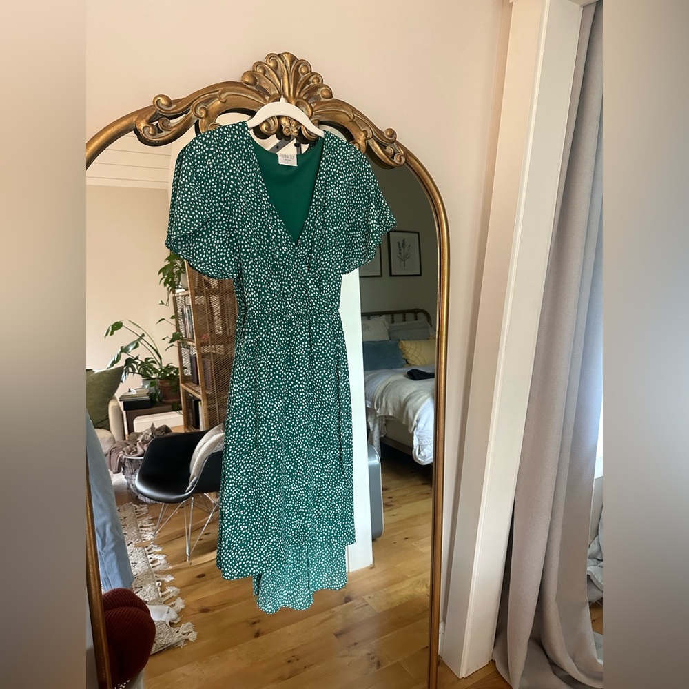 Green and white polka dot dress! So comfortable and flattering!
